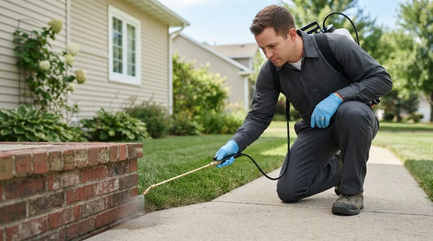 Pest control technician treating a home near Norwich, OH